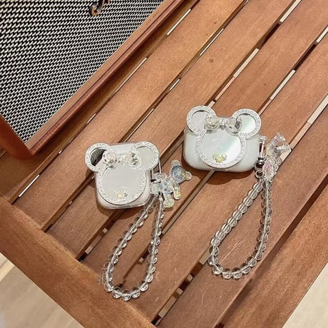 CUTECASE大人可愛い Airpods4ケース ジュエリー/ダイヤ鏡デコ Airpods3/Pro2ケース airpodspro2カバー 熊ちゃんストラップ付 女子力高いCM5202