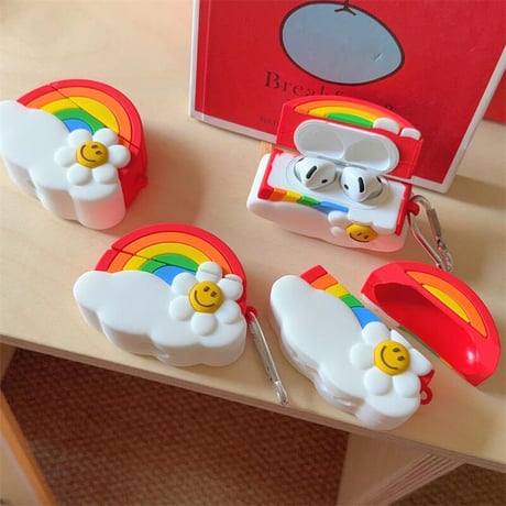 CUTECASE虹/笑顔の花 Airpods4ケース 可愛い AirpodsPro2ケース airpods3/2カバー リング付き ギフトにおすすめ シリコンCM5451