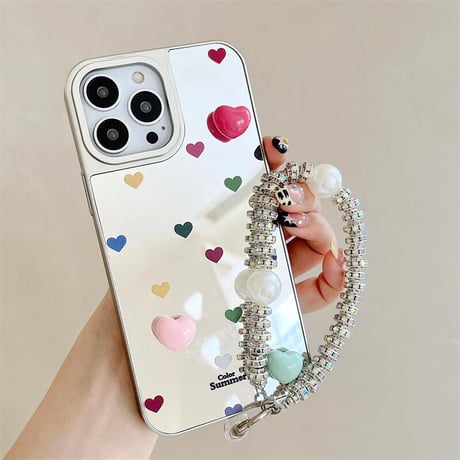 CUTECASEハート柄 iPhone16pro/16ケース ジュエリーストラップ メイク鏡 iPhone15pro/14/13ケース 大人可愛い 多機能 CM5140