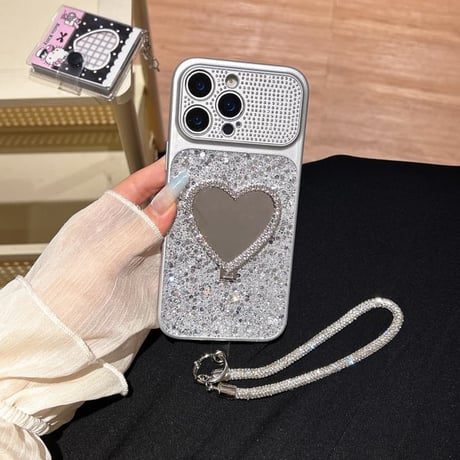CUTECASE オシャレ便利 iPhone17pro/17ケース ハート型スタンド キラキラ感 iPhone16promax/15proケース ジュエリーストラップ ダイヤカメラカバーCM6243