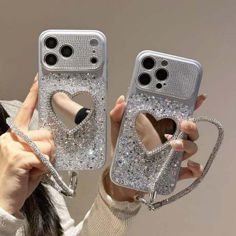 CUTECASE オシャレ便利 iPhone17pro/17ケース ハート型スタンド キラキラ感 iPhone16promax/15proケース ジュエリーストラップ ダイヤカメラカバーCM6243