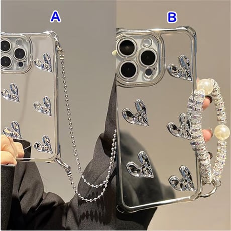 CUTECASEハート付ミラー iPhone16Promax/16proケース バックチャーム/ショルダーストラップ付 iPhone15pro/14/13カバー 便利人気 おしゃれCM5441