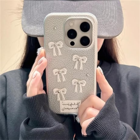 CUTECASEリボン iPhone15/15proケース レザー シルバー iPhone14pro/13pro/12ケース かわいい 高級感たっぷり CM4408