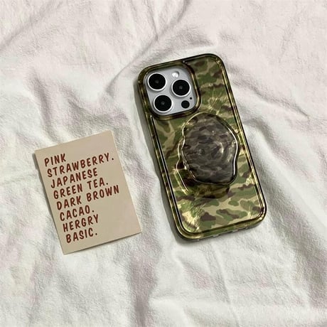 CUTECASE迷彩柄 iPhone16promax/16Proケース スマホグリップ付 iPhone15pro/14pro/13カバー シンプル風 艶感 カッコイイCM5324