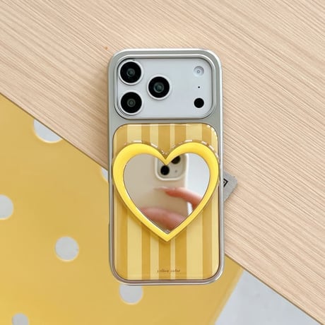 CUTECASE ハートミラー iPhone17/17Proケース高級感 ストライプ柄 iPhone16Pro/15romaxケース 光沢感 イェローCM6488