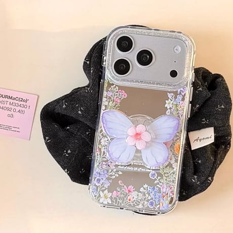 CUTECASE 草花柄ミラー iPhone17pro/17ケース 蝶グリップ iPhone16promax/15proケース かわいい 便利 女子力高いCM6164