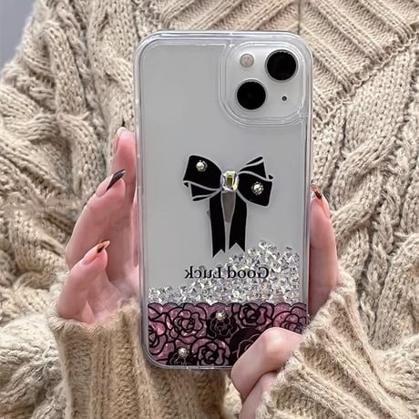 CUTECASE動くダイヤ入り iPhone1515proケース リボン/花柄 キラキラ光る iPhone14/13pro/12proカバー 綺麗 女子力UP CM4080