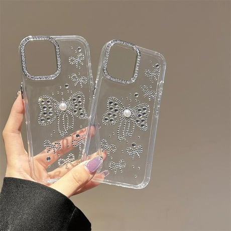 CUTECASEハンドメイド iPhone16pro/16plusケース ダイヤリボンデコ iPhone15promax/14/13カバー オシャレ キラキラCM5456