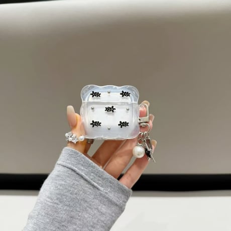 CUTECASE黒花 Airpods Pro3ケース パールキーホルダー Airpods 4/3カバーケース AirpodsPro2/1 韓国風 オシャレ CM6265