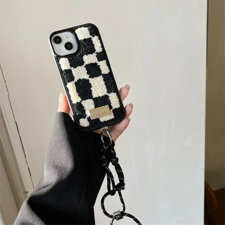 CUTECASE秋冬 iphone16pro/16ケース ストラップ付 チェック柄 iphone14pro/13pro/12/11カバー 柔らかい 頑丈 刺繡入り CM4663