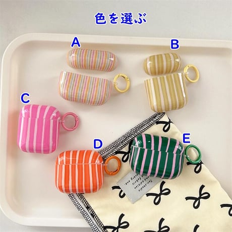 CUTECASEストライプ柄 Airpods 4ケース 艶感 AirpodsPro2ケース シンプル風 airpods3カバー リング付き シック オシャレ CM5478