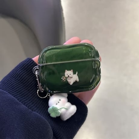 CUTECASE 遊ぶ犬ちゃん AirpodsPro3ケース グリーン Airpods4/3カバー pro2/pro1 可愛い リング/キーホルダー付 うねうね 落下防止CM5984