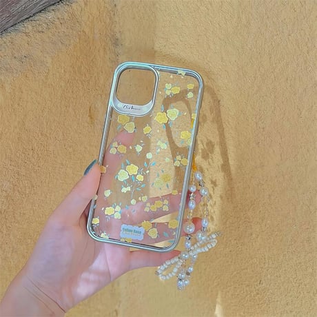 CUTECASE黄色薔薇柄 iPhone15/15proケース ストラップ付 iPhone14/13pro/12promaxケース かわいい きれいCM4471