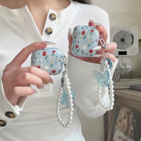 CUTECASE 花柄 Airpods Pro3ケース 蝶パールストラップ Airpods 4/3カバー AirpodsPro2/1 存在感ある 春コーデ CM6134