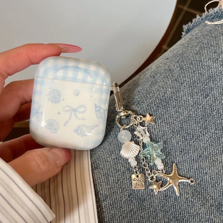 CUTECASE ブルーリボン柄 Airpods Pro3ケース 貝殻キーホルダー Airpods 4/3カバー AirpodsPro2/1 大人可愛いCM6297