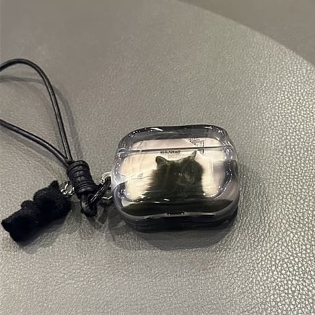 CUTECASE クール猫 AirpodsPro3ケース ブラック Airpods4/3カバー pro2/pro1 リング/ストラップ付 カッコイイCM5990