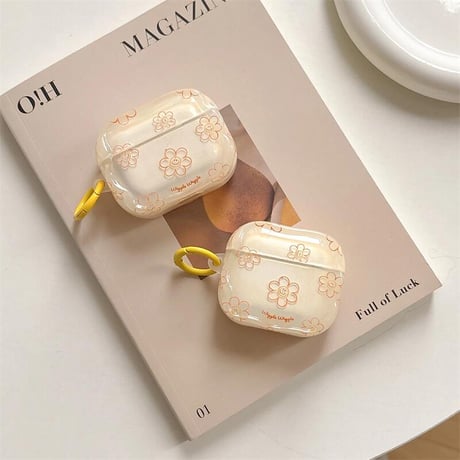 CUTECASE韓国風 Airpods4ケース 笑顔花 AirpodsPro2ケース airpods3/2カバー かわいい リング付 淡色系 CM5328