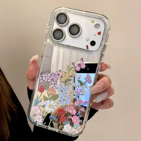 CUTECASE 草花柄ミラー iPhone17Pro/17ケース きれい iPhone17Promax/16Pro/15ケース かわいい 光沢感 丈夫CM6192