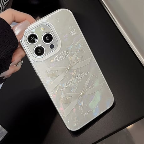 CUTECASE シェル風 iPhone15/15proケース リボン柄 立体パール iPhone14/13pro/12ケース かわいい きれい 女子力UP CM4003