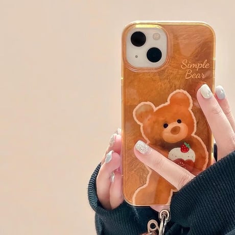 CUTECASE熊ちゃん iPhone16/16Proケース 光沢感 ブラウン アイフォン15プロ/14/13proカバー 毛玉ストラップ めっちゃ可愛い CM4820