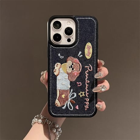 CUTECASE刺繡犬ちゃん iPhone16pro/16ケース デニム素材 iPhone15Pro/14/13proケース 秋冬ファッション 耐久性CM4732