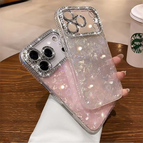 CUTECASE ジュエリーカメラカバー iPhone17Pro/17ケース シェル柄 キラキラハート入り iPhone17promax/Air/16proケース 大人可愛い 美しいCM5722