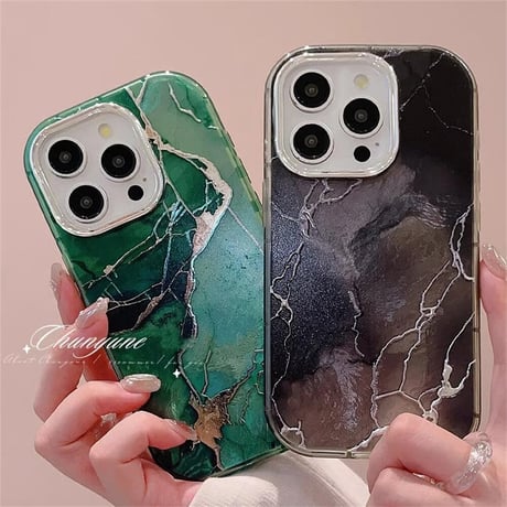 CUTECASE大理石調 iPhone15/16Proケース グリーン/ブラック アイフォン14Pro/13カバー オシャレ シック お揃い CM4607