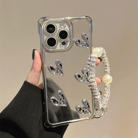 CUTECASEハート付ミラー iPhone16Promax/16proケース バックチャーム/ショルダーストラップ付 iPhone15pro/14/13カバー 便利人気 おしゃれCM5441
