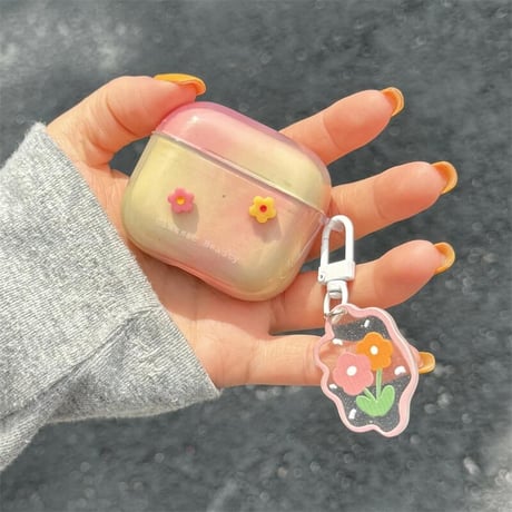 CUTECASE韓国風花 Airpods4ケース グラデーションカラー AirpodsPro2ケース airpods3/2カバー かわいい キーチェーン付 淡色系 CM5335