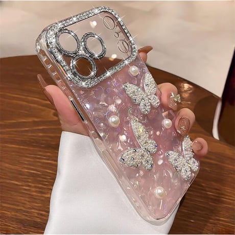 CUTECASE パール蝶 iPhone17Pro/17ケース シェル調 キラキラハート柄 iPhone17promax/17Air/16ケース レンズフイルム付き 大人可愛い CM5695