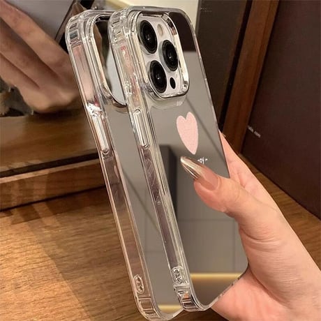 CUTECASEインスタ人気 鏡iPhone16pro/16plusケース be happyピンクハート柄 iPhone15promax/14/SEカバー 頑丈 メイク直しに便利CM5452
