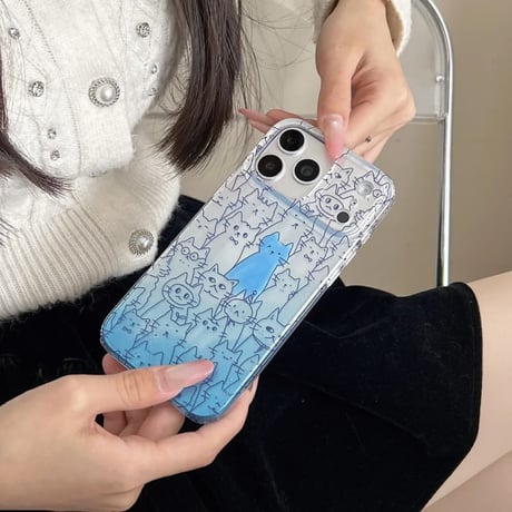 CUTECASE 猫イラスト iPhone17Pro/17promaxケース グラデーションブルーカラー iPhone17/16Pro/15ケース かわいい 光沢感 丈夫CM6199