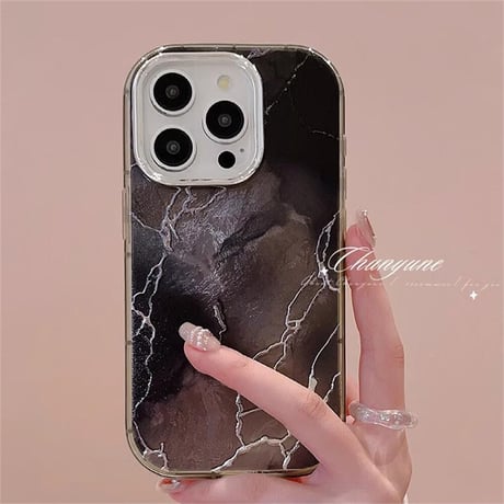 CUTECASE大理石調 iPhone15/16Proケース グリーン/ブラック アイフォン14Pro/13カバー オシャレ シック お揃い CM4607