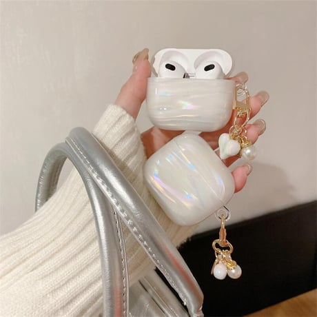 CUTECASEシェル柄 Airpods第4世代ケース 虹色の雲 パールハートキーホルダー Airpods3/Pro2ケース airpodsproカバー 上品 高級感 可愛いCM5111