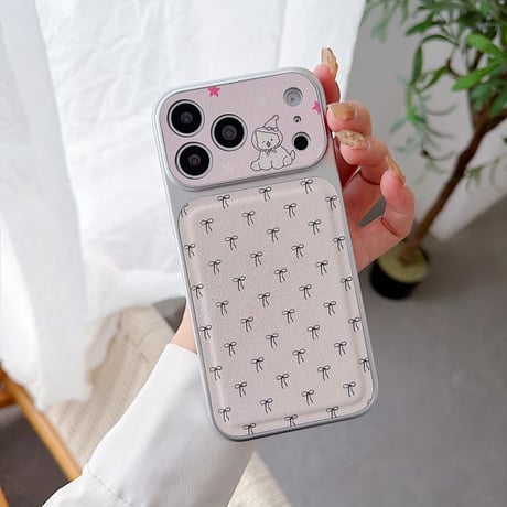 CUTECASE リボン柄 iPhone17Pro/17ケース ワンちゃんカメラカバー iPhone17Promax/16Pro/15ケース 皮っぽ かわいいCM6133