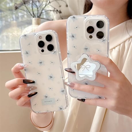 CUTECASEミラーグリップ iPhone16pro/16ケース リボン柄 iphone15pro/14/13promaxカバー 可愛い 淡色CM5485