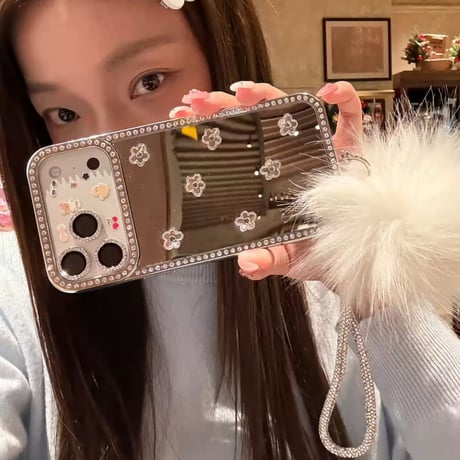 CUTECASE 花デコミラー iPhone17pro/17ケース ジュエリーライン iPhone16promax/15proケース 毛玉ストラップ 女子力高いCM6017