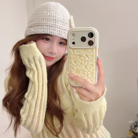 CUTECASE オトナ可愛い iPhone17Pro/17ケース 刺繡花柄 皮っぽ iPhone17ProMax/16/15Proケース カメラカバー 淡色系CM5889
