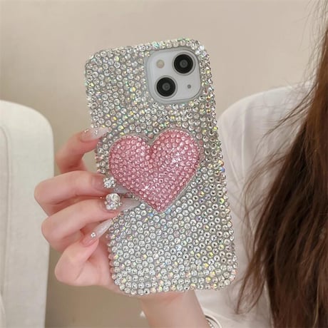 CUTECASEダイヤ iPhone16/16Proケース ビジューハートグリップ iPhone15Pro/14/13proカバー 華やか キラキラ 豪華 高品質CM4789