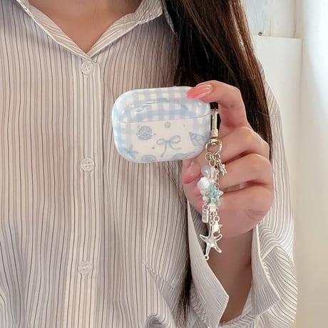 CUTECASE ブルーリボン柄 Airpods Pro3ケース 貝殻キーホルダー Airpods 4/3カバー AirpodsPro2/1 大人可愛いCM6297