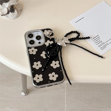 CUTECASE鏡付花 iPhone16pro/16ケース ジュエリー リボンチャーム iphone15pro/14/13proカバー 大人可愛い 女子力高いCM5188