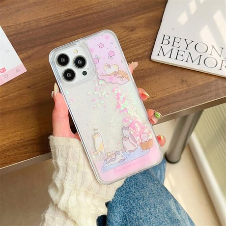 CUTECASE お花見猫 iPhone15/15proケース 動くグリッター入り iPhone14/13pro/12クリアケース ピンク 綺麗CM4412