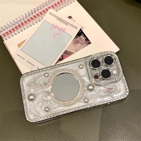 CUTECASE パールリボンミラー iPhone16/17proケース セレブ愛用エレガント iPhone15promax/14/13proカバー ジュエリーデコ ガールズファッション CM5636
