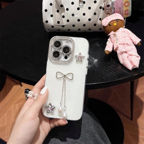 CUTECASEジュエリーリボンフリンジ iPhone16Pro/15/14ケース キラキラレンズカバー iPhone13pro/12カバー ハンドメイド 大人可愛い CM5193