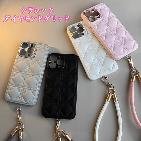 CUTECASEレザー菱形キルティング iPhone16/16Proケース ストラップ付 カメラ保護 iPhone15pro/14Proカバー エレガント 耐衝撃加工CM5004