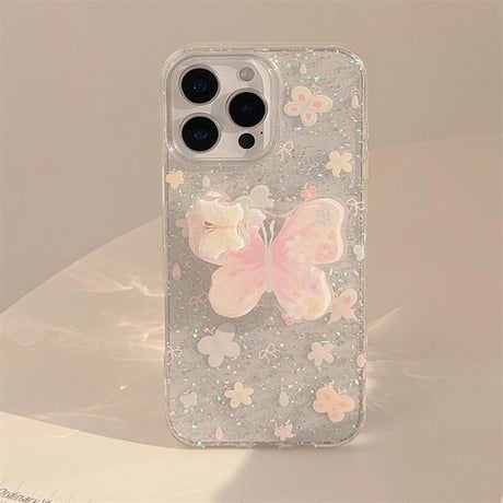 CUTECASE 蝶グリップ iPhone16pro/16ケース グリッター入り iPhone15promax/14pro/13/12カバー スタンド付 人気アイテムCM5270