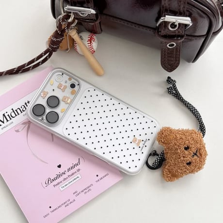 CUTECASE 熊ぬいぐるみキーホルダー iPhone17Pro/17ケース 水玉模様 iPhone16Pro/15ケース 2層構造 耐衝撃CM6397