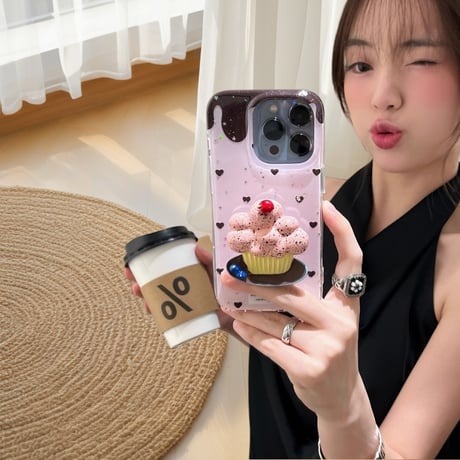 CUTECASE夏は涼しく韓国風 iPhone16pro/16ケース ハート柄 ケーキグリップ iphone15pro/14/13proカバー 可愛い 夏人気品CM5402