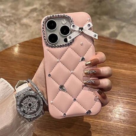 CUTECASEダイヤ iPhone16/16Proケース レザー キルティング iPhone15pro/14/13/12Proカバー ピンク 上品 女子力高い きれいめコーデ 耐衝撃CM4948