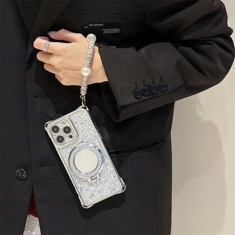 CUTECASE鏡リングスタンド付 iPhone16/16proケース ラメ入り iPhone15pro/14/13カバー バックチャーム/ショルダーストラップ付 CM5394